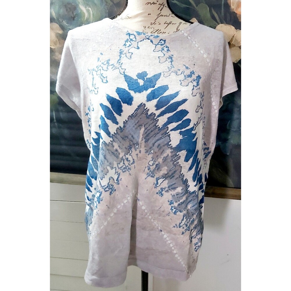 KINROSS 100% Linen Top size Small Blouse White Blue Gray Beach Travel Vacation